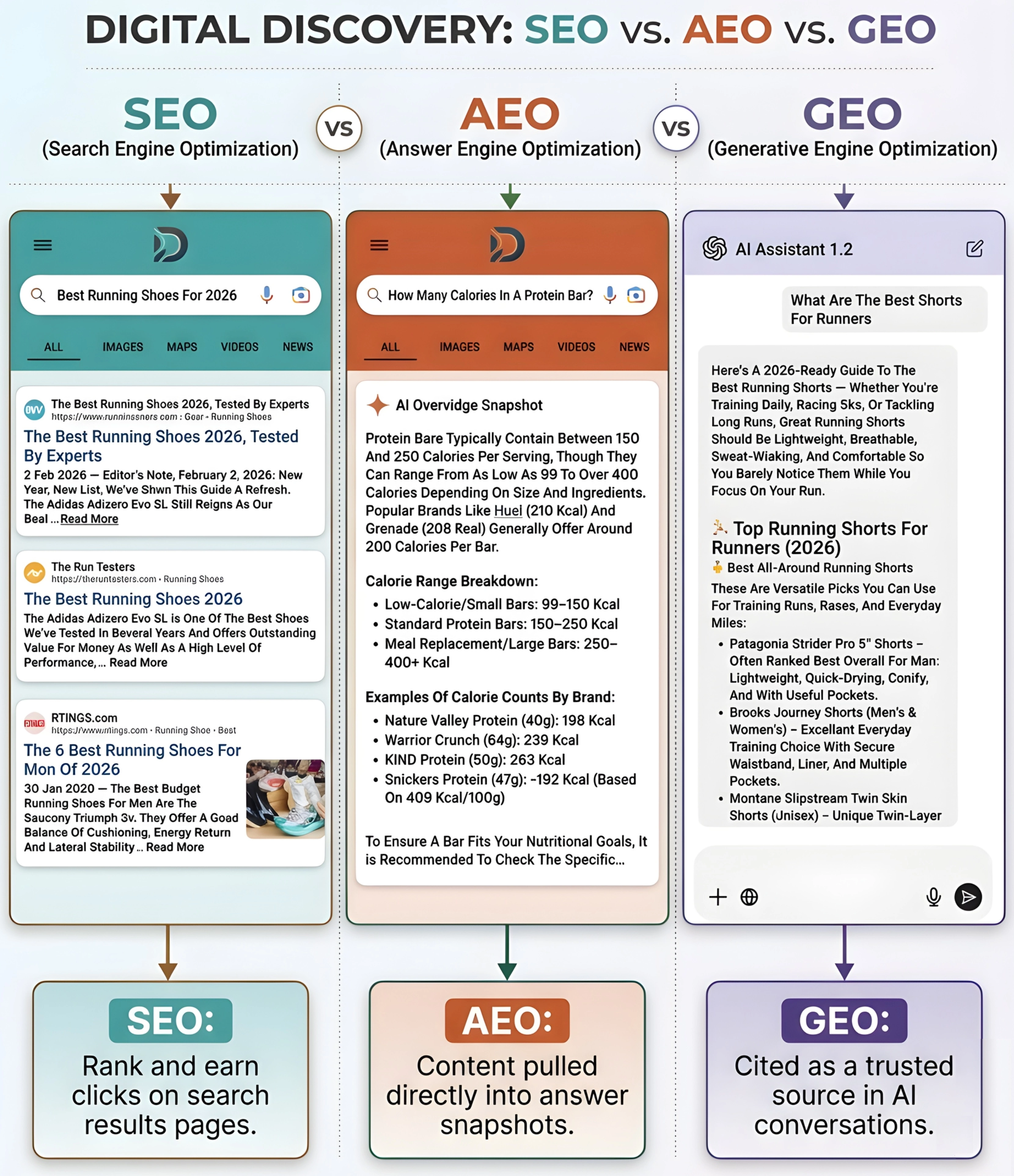 Digital Discovery: SEO vs. AEO vs. GEO — infographic comparing search, answer, and generative optimization